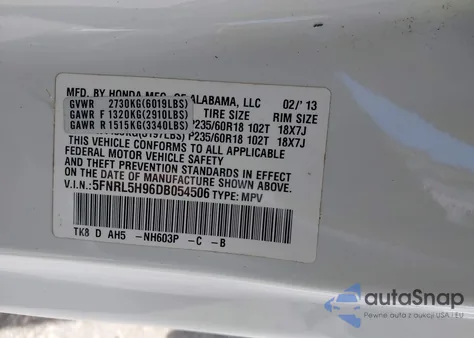 2013 Honda Odyssey Touring/Touring Elite z USA, uszkodzony, nr VIN 5FNRL5H96DB054506